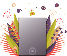 An empty tablet screen in vertical orientation with leaves and plants. Vector illustration
