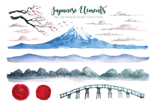 Japanese Elements Ink And Watercolor Collection 3. 