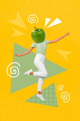 Fototapeta premium Collage photo of funny headless absurd caricature green apple woman dancing healthcare body good mood juice beverage isolated on yellow color background