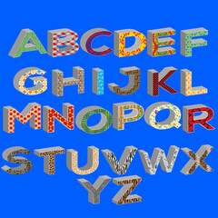 Vector illustration set of alphabet 3d letters with patterns isolated on blue background.