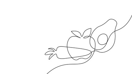 Fototapeta premium One continuous line fresh avocado carrot tomato icon. Vegetables salad fruit healthy lifestyle symbol template. Organic local market vector illustration