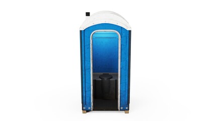 Blue portapotty outdoor construction open door position front view isolated on a white background