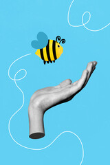 Creative retro 3d magazine image of arm catching funny charming flying lemon bee isolated painting...
