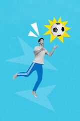 Vertical collage picture of overjoyed energetic guy black white gamma jumping arms catch football...