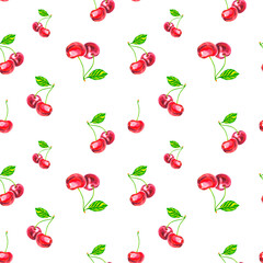 A pattern of cherries on a white background. Watercolor illustration. Cherry.