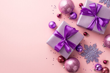 New Year atmosphere concept. Top view photo of lilac present boxes with bows pink violet baubles...