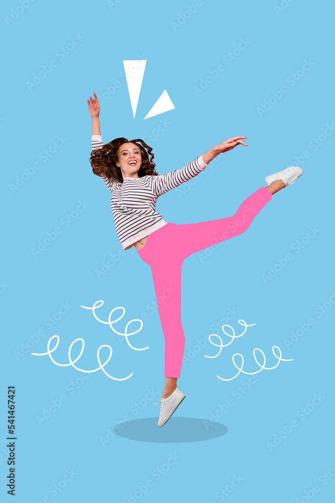 Sticker 3d retro abstract creative artwork template collage of happy smiling lady dancing having fun isolate