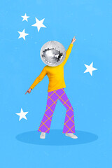Vertical collage image of overjoyed person big disco ball instead head dancing point fingers...