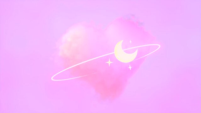 Looped fluffy heart shaped clouds with glowing ring, crescent moon, and stars animation.