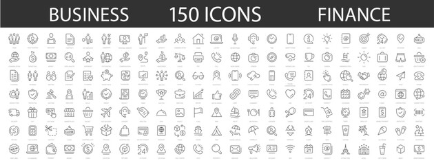 Set of 150 Business icons. Business and Finance web icons. Money, contact, bank, check, law, auction, exchange, payment, wallet, deposit, piggy, calculator. Vector  illustration.