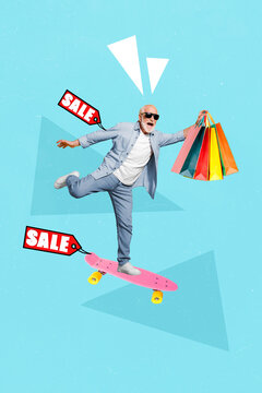 Photo artwork minimal picture of excited happy smiling age guy riding skateboard hurrying shopping isolated drawing background