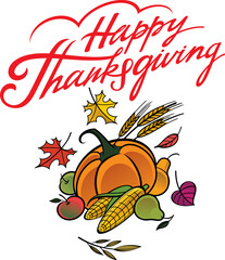 Happy Thanksgiving - still life with a variety of vegetables and fruits, tree foliage. Harvest time, Thanksgiving. Isolated, white background.