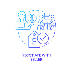 Negotiate with seller blue gradient concept icon. Purchase agreement. Cost reduce. Homebuying tip abstract idea thin line illustration. Isolated outline drawing. Myriad Pro-Bold font used