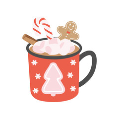 Merry Christmas template with coffee mug, lollipop and gingerbread. Background for greeting cards, postcards, letters, labels, web, etc.