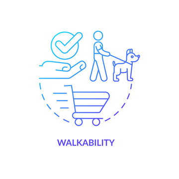 Walkability blue gradient concept icon. Advantageous relocation. Convenient neighborhoods benefit abstract idea thin line illustration. Isolated outline drawing. Myriad Pro-Bold font used