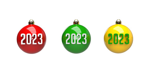 Beautiful colorful 2023 Christmas balls baubles on white background, copy space and clipping path. Realistic Xmas glass decoration in 3D render. Poster, banner, gift card, brochure flyer template. 