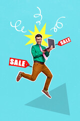 Fototapeta premium Collage photo of young funny excited positive gentleman guy jumping with laptop finally black friday big sale nice offer customer isolated on blue color background
