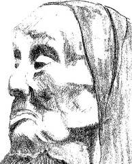 Porträtzeichnung einer alten, zermürbten Frau mit Kopftuch - Dreiviertelprofil, Viertelprofil, Kohlezeichnung