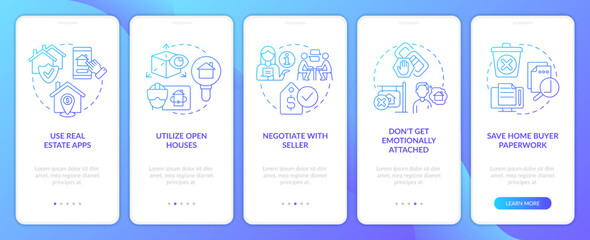 Buy property blue gradient onboarding mobile app screen. New homebuyer rules walkthrough 5 steps graphic instructions with linear concepts. UI, UX, GUI template. Myriad Pro-Bold, Regular fonts used