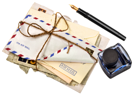 Old air mail letters with ink pen and ink bottle isolated, communication concept