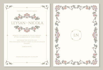 Retro wedding invitation template. Vintage color frame and monogram.