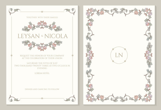 Retro wedding invitation template. Vintage color frame and monogram.