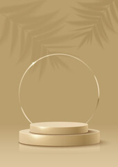 Beige-Golden Podium for Your Product with Golden Ring Frame and Shadow Palm Leaves on Background. Vertical Banner. Vector Illustration.