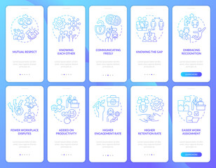 Relationship with employees blue gradient onboarding mobile app screen set. Walkthrough 5 steps graphic instructions with linear concepts. UI, UX, GUI template. Myriad Pro-Bold, Regular fonts used