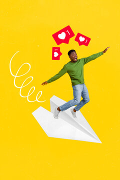 Vertical collage image of amazed mini guy stand flying paper plane like notifications facebook instagram tiktok telegram
