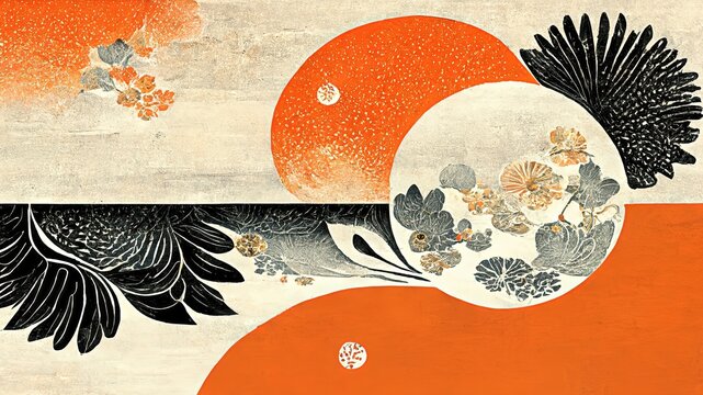 Small, stylish orange and black circles, Japanese textures Japanese traditional graphics, fine detailing, fluid liquid-like strikingly elegant, delicate, luxurious and dramatic design elements.