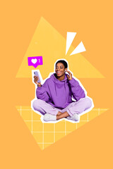 Vertical collage picture of positive person hold use telephone receive like notification twitter...