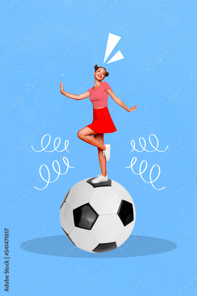 Sticker vertical collage portrait of excited positive girl stand big football dancing isolated on painted ba