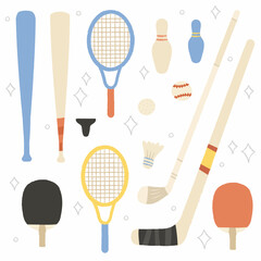 Simple Cartoon Color Sport Equipment Icon Set Include of Skittle and Racket. Vector illustration of Icons. Sports champions league.Tennis, badminton, kendo, volleyball.