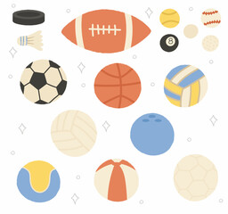 Sports equipment cartoon illustration isolated on white background. Golf and baseball, table tennis and hockey,football, billiards and bowling, vector hand draw elements sports games equipment.