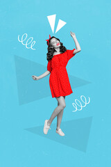 Vertical collage portrait of cheerful pretty girl black white effect dancing isolated on painted background