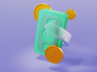 A stack of money with gold coins with an arrow going around them and rushing up with glass elements on an isolatedbackground 3d rendering	