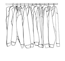 Hand drawn wardrobe sketch. Clothes on the hangers. Hoodies