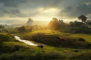 Illustration of beautiful fantasy landscape with river