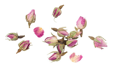 group of small pink dried / dry rose buds and petals as used in perfumery, for cosmetics, or as an decorative element - isolated, flat lay / top view  - obrazy, fototapety, plakaty