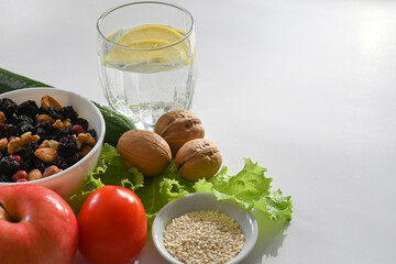 Top view of fresh fruits and vegetables.health care. Balanced diet.
