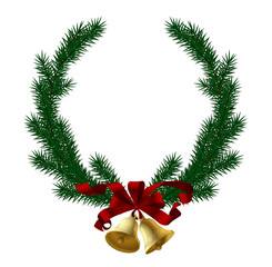 Green Spruce branch wreath with gold bells and red ribbon isolated on white. Christmas and New Year decoration and greeting card template