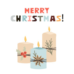 Merry Christmas template with candles. Background for greeting cards, postcards, letters, labels, web, etc.