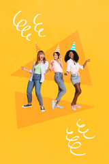 Vertical creative collage photo of happy funky positive friends girls dancing party celebrate...