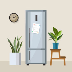 Refrigerator with a list of products. Vector illustration.