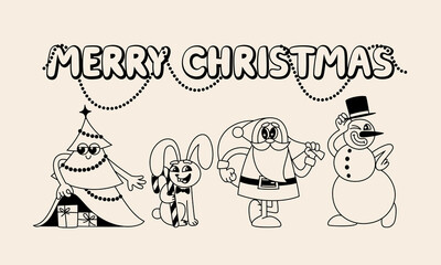 Set of Funny Retro Illustration. Vector Characters in Vintage Style. Groovy Hippie Christmas Clipart. Santa Claus, Christmas tree, Snowman, Rabbit and Gifts
