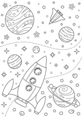 Coloring page with rocket, different planets, nebulae and stars. Open space. Black and white outline illustration isolated on a white background. Vector design template for kids coloring book, poster