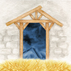 Watercolor background for Christmas christian nativity scene greeting card illustration