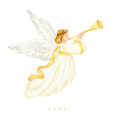 Christmas angel with trumpet watercolor illustration, Christian Nativity angel with wings isolated on a white background, design for religious baptism invitation, greeting card