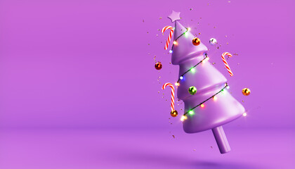 Christmas sparkling bright tree. Happy New Year and Merry Christmas. Realistic 3d design of objects, light garlands, snowflakes, lollipops, purple flower arrangements.