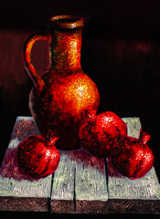 oil painting, still life, drawing of pomegranates